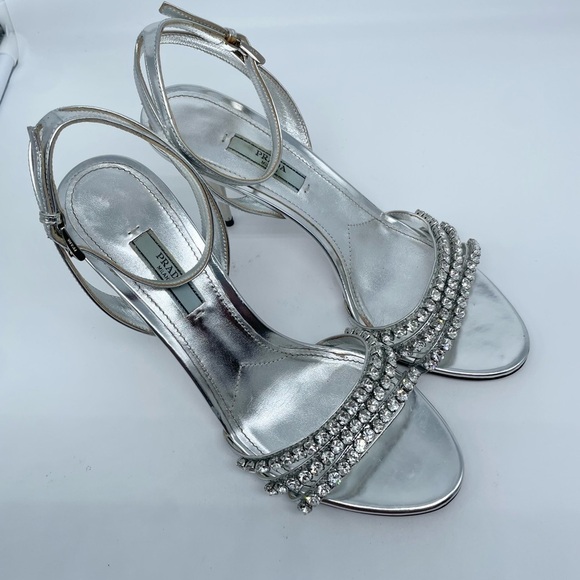Prada Silver Leather Crystal embellished strappy heels EU 39 - Picture 10 of 13
